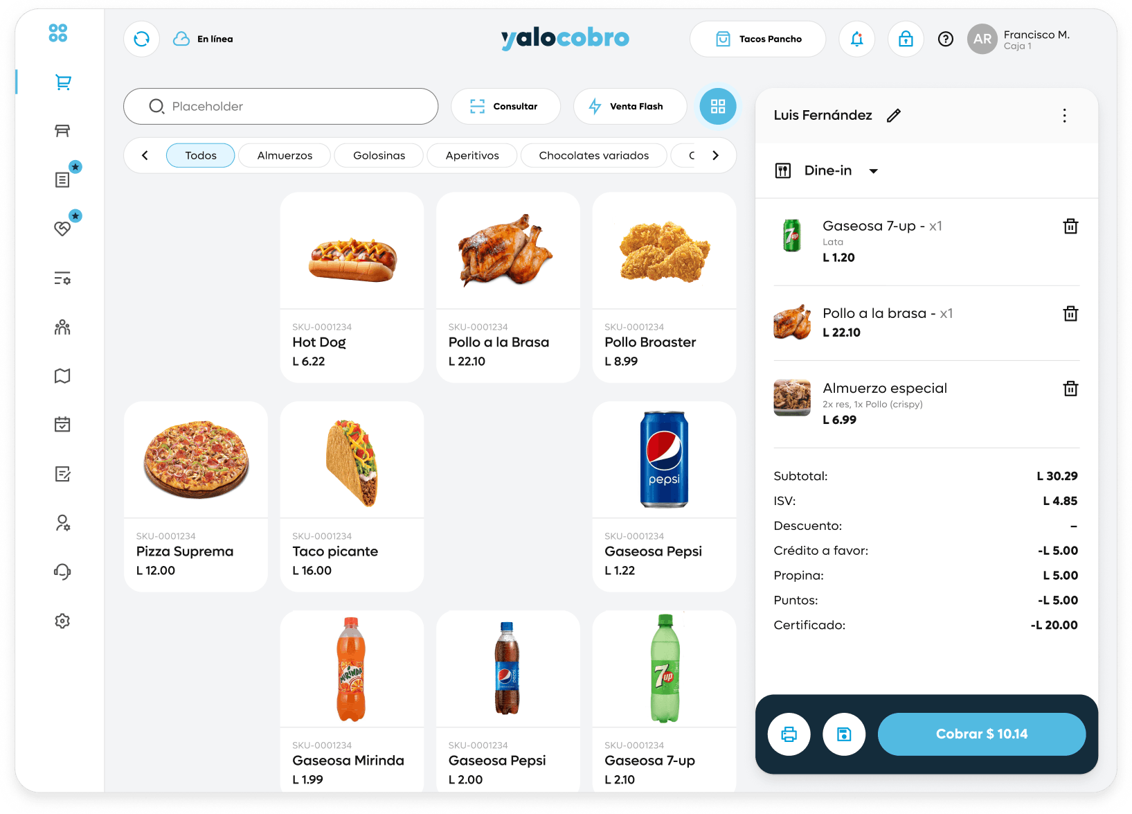 Interfaz del punto de venta de Yalo Cobro para restaurantes con catálogo y ticket de venta