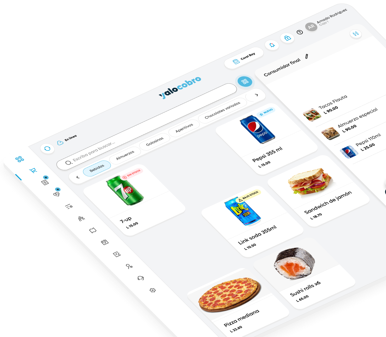 Interfaz del punto de venta de Yalo Cobro con catálogo de productos y ticket de venta